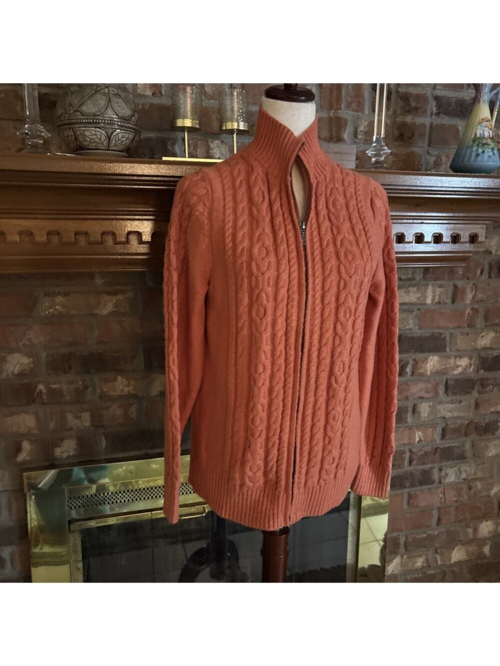 Ll Bean Orange Cable Knit Zip Front Cardigan Size Large